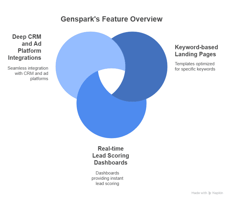 A Venn diagram with three overlapping circles labeled: Deep CRM and Ad Platform Integrations, Keyword-based Landing Pages, and Real-time Lead Scoring Dashboards, showcasing the power of Gensparks Feature Overview with AI App Builder capabilities.