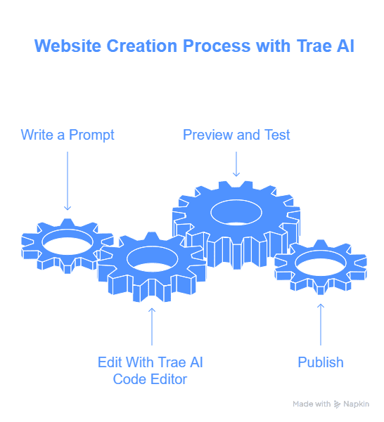 Diagram showing four blue gears labeled: Write a Prompt, Edit With Trae AI Code Editor, Preview and Test, and Publish, illustrating the website creation process with Trae AI App Builder.