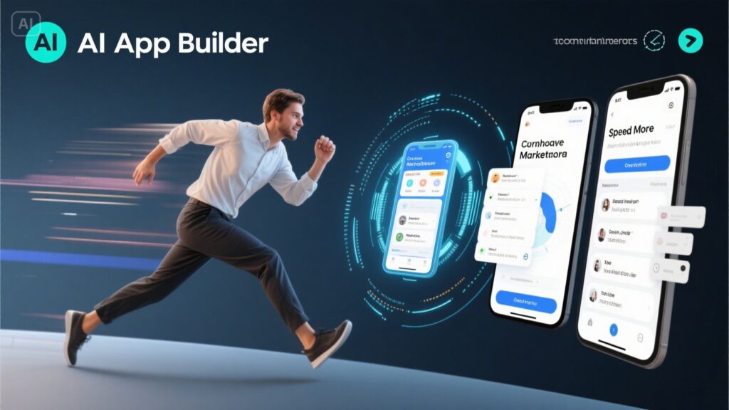 A man in business attire runs toward floating digital app interfaces and smartphones, highlighting the power of an AI App Builder amid tech-themed graphics and futuristic text.