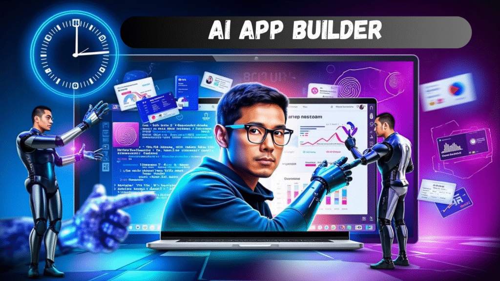 A man sits in front of a laptop displaying app interfaces and graphs, surrounded by two humanoid robots interacting with digital screens. The text AI App Builder glows above, enhanced by a digital clock and vibrant neon colors in the background.