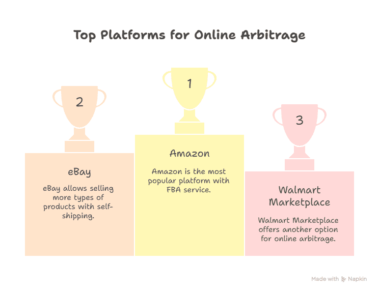 Infographic ranking top platforms for online arbitrage: Amazon in first place, eBay in second, and Walmart Marketplace in third, with brief descriptions of each platform’s online arbitrage features below trophy icons.