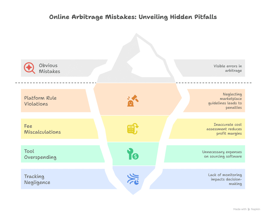 An Online Arbitrage iceberg graphic titled Online Arbitrage Mistakes: Unveiling Hidden Pitfalls, showing visible errors above water and hidden issues like rule violations, miscalculations, overspending, and negligence beneath the surface.