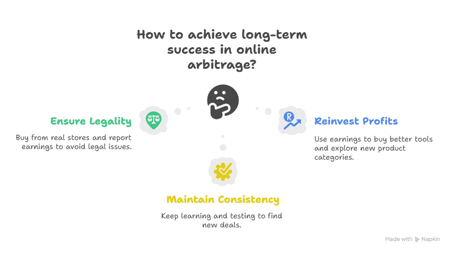 Infographic titled How to achieve long-term success in Online Arbitrage? Features three tips: Ensure Legality, Reinvest Profits, and Maintain Consistency, each with brief explanations and simple icons.