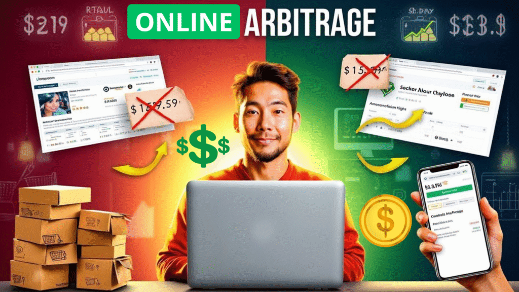 A man sits at a laptop surrounded by boxes, website screenshots with crossed-out prices, dollar signs, and a phone displaying an Amazon app—highlighting the process of Online Arbitrage. The text “ONLINE ARBITRAGE” appears at the top.