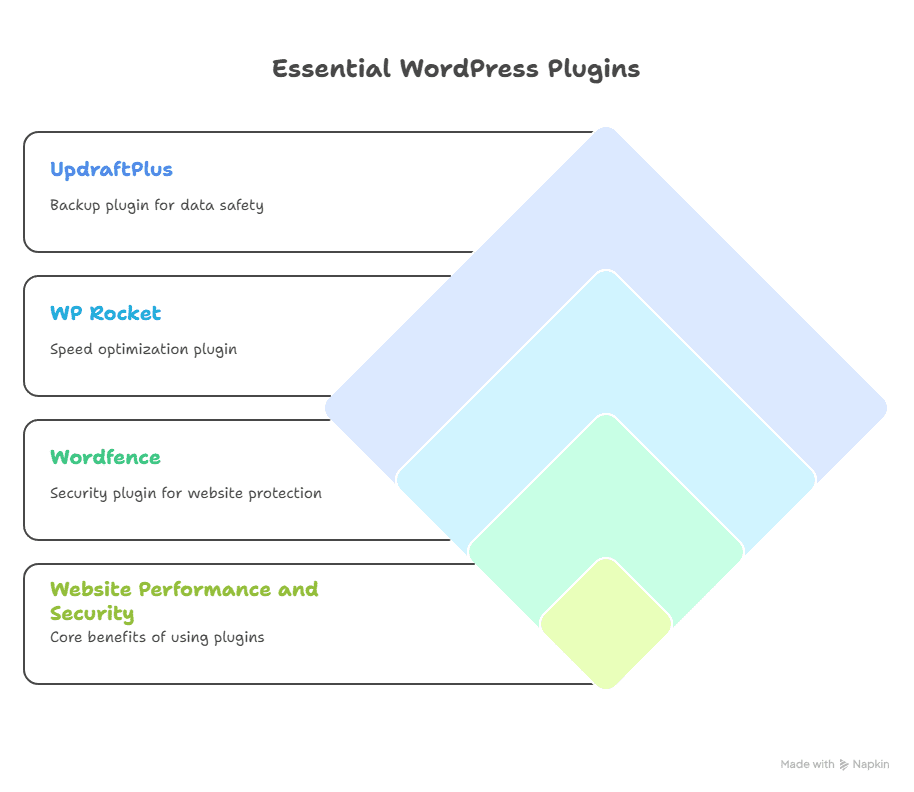 A chart titled Essential WordPress Plugins lists UpdraftPlus (backup), WP Rocket (speed optimization), Wordfence (security), and Website Performance and Security (core benefits), offering key Beginner Blogging Tips, with colored diamond shapes beside each.