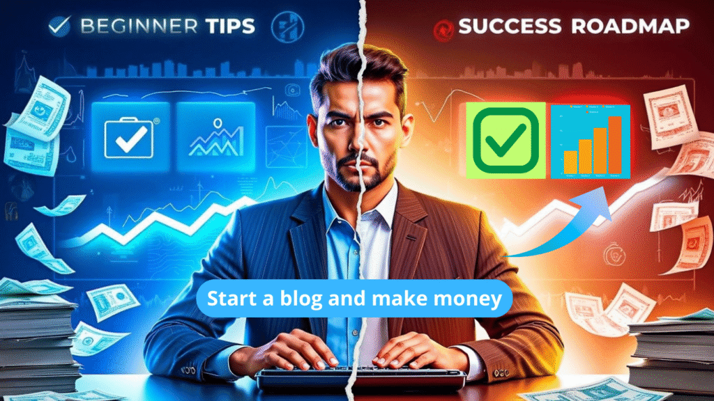 A man in a suit types on a laptop, split between a blue Beginner Blogging Tips side with charts and cash, and an orange Success Roadmap side with checkmark and graph icons. Text reads: Start a blog and make money.