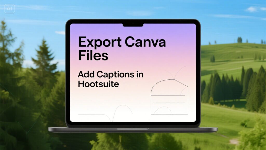 A laptop displays a screen with the text Export Canva Files. Add Captions in Hootsuite against a pastel gradient background. The setup, set outdoors among green hills and trees, highlights Visual Strategy Tools in action.