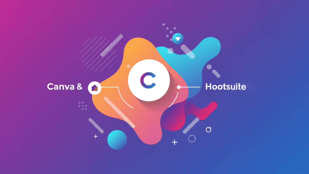 Abstract graphic with a central C logo, surrounded by colorful shapes. Visual Strategy Tools like Canva appear on the left and Hootsuite on the right, connected by white lines on a pink and blue gradient background.