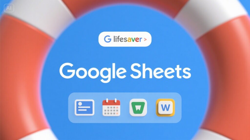 A lifebuoy surrounds a blue circle with the G lifesaver logo above the text Google Sheets. Below are icons for Google Docs, Google Calendar, and Content Automation Tools like Google Sheets and Google Docs (Word).
