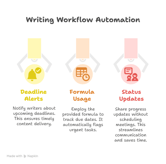 Infographic titled Writing Workflow Automation featuring three columns: Deadline Alerts, Formula Usage, and Status Updates. Each section highlights how content automation tools can improve writing workflow efficiency with icons and concise descriptions.