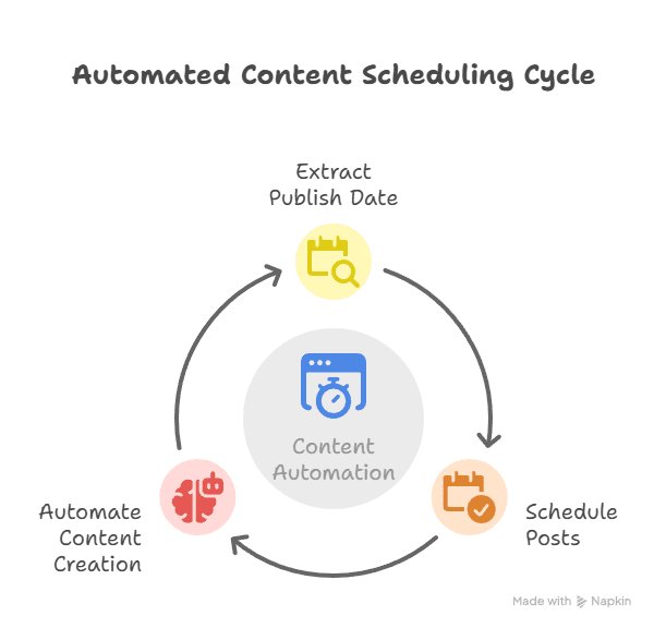 A circular flowchart titled Automated Content Scheduling Cycle shows three steps: Extract Publish Date, Schedule Posts, and Automate Content Creation—all powered by Content Automation Tools and centered around Content Automation.