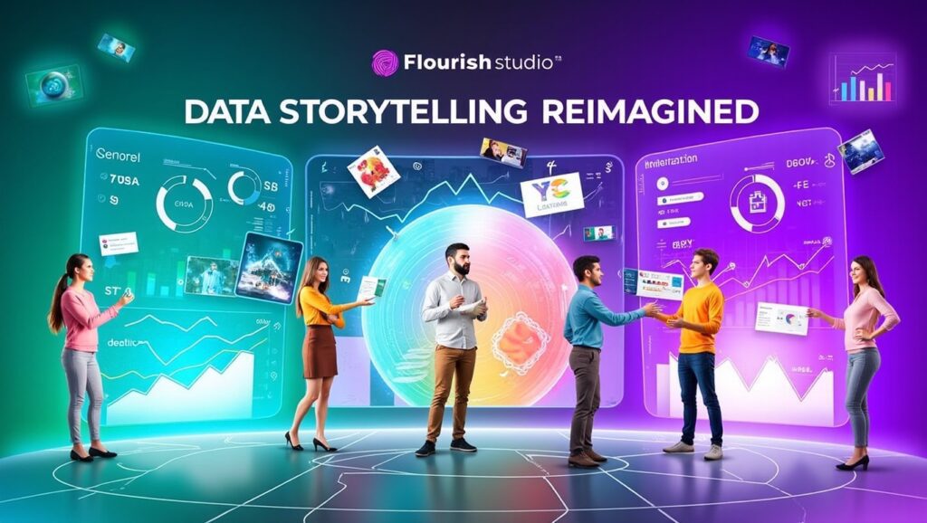 A vibrant scene of diverse people interacting with large digital data visualizations, charts, and infographics, with the text “Flourish studio” and “Data Storytelling Reimagined” displayed above them.