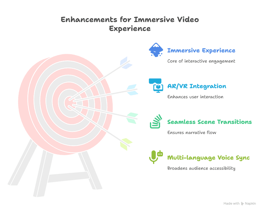 A graphic of a target with four arrows and a list titled Enhancements for Immersive Video Experience: Immersive Experience, AI for Video Creation, AR/VR Integration, Seamless Scene Transitions, and Multi-language Voice Sync, each with an icon.