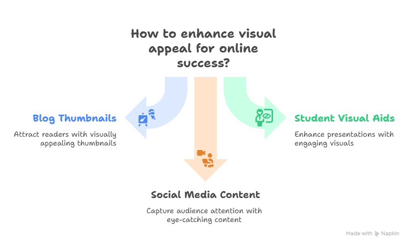 A diagram with three arrows labeled Blog Thumbnails, Social Media Content, and Student Visual Aids, featuring ways to enhance visual appeal for online success using AI for Video Creation, with brief descriptions under each label.