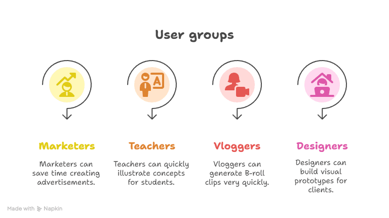 A graphic showing four user groups—Marketers, Teachers, Vloggers, and Designers—each with an icon and a short explanation of how they can benefit from AI for Video Creation tools or services.