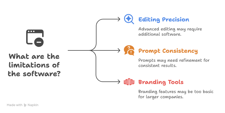 A diagram listing three AI for Video Creation software limitations—Editing Precision, Prompt Consistency, and Branding Tools—each with a brief description and icon, connected by arrows from the main question on the left.