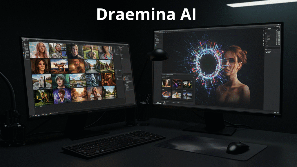 Two computer monitors on a dark desk display digital art and portraits. The left screen shows a gallery of AI-generated faces; the right screen features an abstract image of a woman with vibrant effects. Draemina AI for Video Creation is written above.