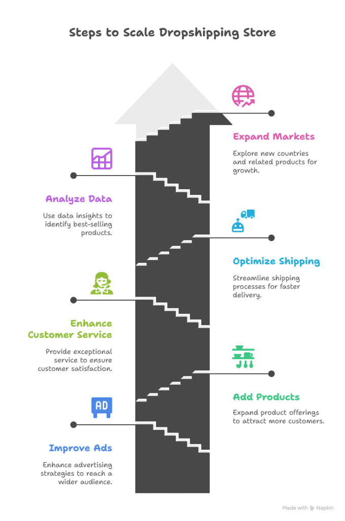 Infographic showing a staircase with five steps to scale a dropshipping store and answer How does dropshipping work: expand markets, optimize shipping, add products, enhance customer service, and improve ads—each step features icons and brief descriptions.