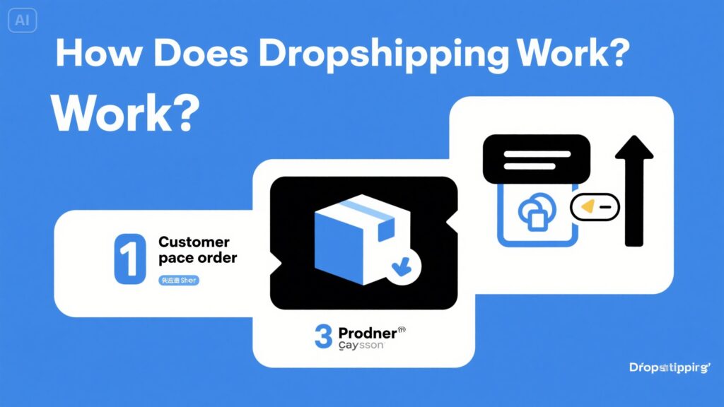 Infographic titled How Does Dropshipping Work showcases three steps: 1) Customer places order, 2) Diagram of a package, 3) Package shipped. Includes an arrow, speech bubble, and headset icon in a blue, black, and white color scheme.