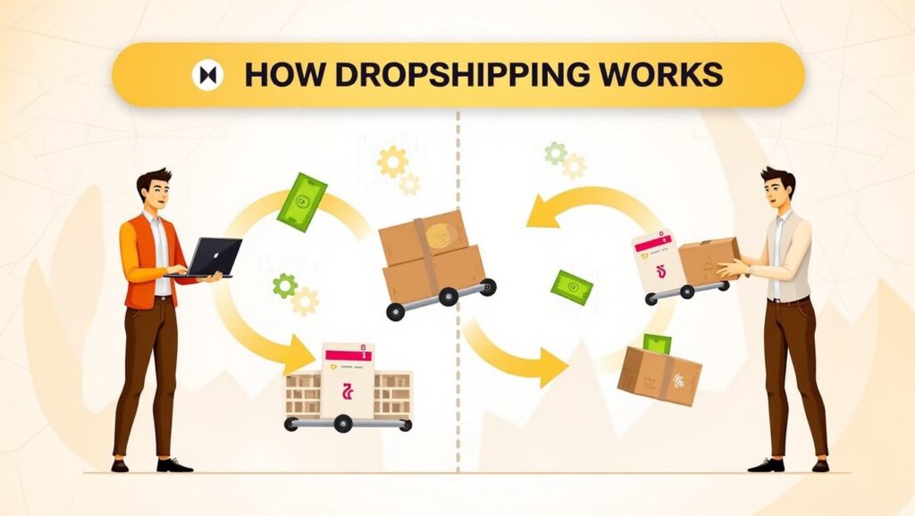 Infographic titled How Dropshipping Works visually answers How does dropshipping work by showing two men exchanging boxes, money, and carts, with arrows and icons illustrating package delivery and payment flow.