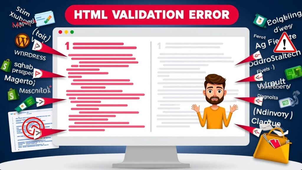 An illustration of an HTML validation error, showing a confused man in front of a computer with code. Error symbols and platform logos highlight issues like Ads Outside Body Tags, directing attention to the screen from all sides.