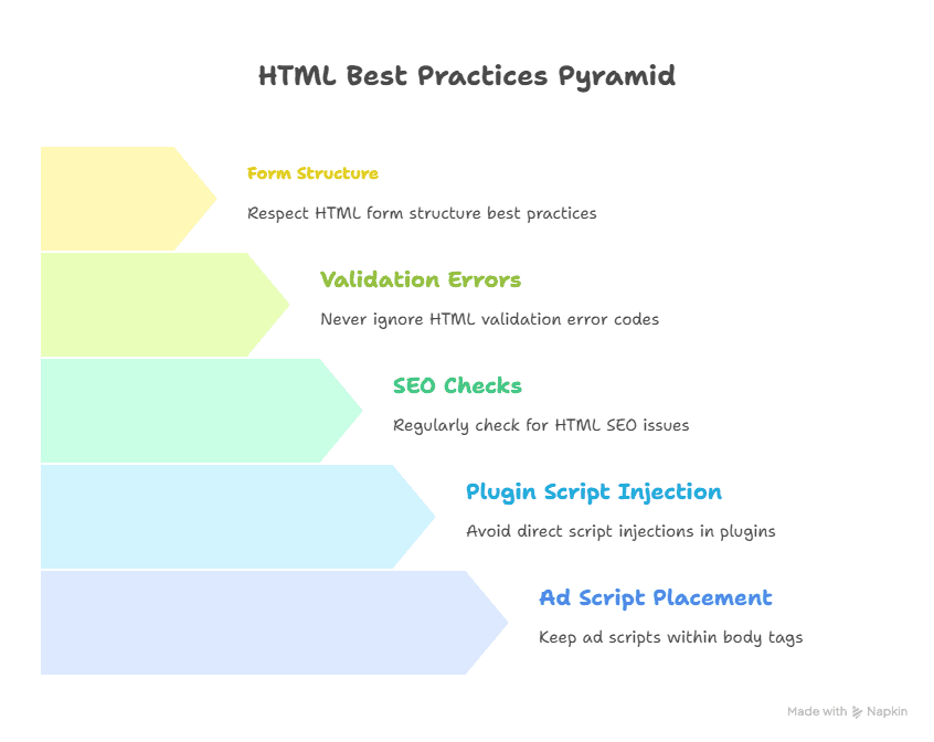 A pyramid-shaped infographic titled HTML Best Practices Pyramid lists five levels: Form Structure, Validation Errors, SEO Checks, Plugin Script Injection, and Ads Outside Body Tags Placement, each with a brief best practice description.