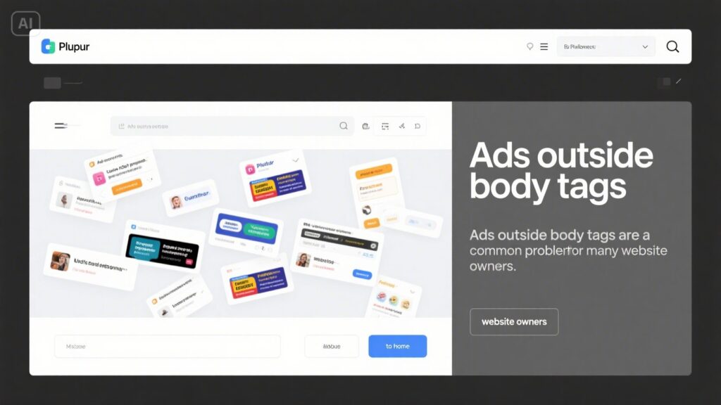 A website dashboard displays floating ad tags on the left and a message on the right that reads: Ads Outside Body Tags. This common issue can affect many website owners. Two buttons appear below the text for quick resolution.