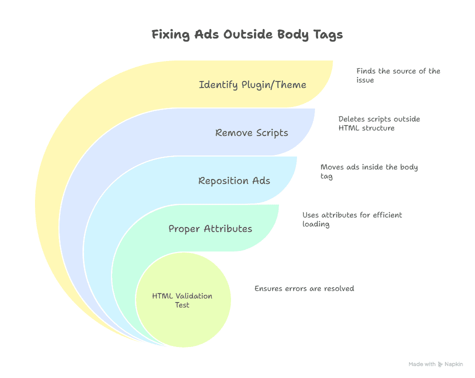 Infographic titled Fixing Ads Outside Body Tags shows five steps to resolve ads outside body tags: Identify Plugin/Theme, Remove Scripts, Reposition Ads, Proper Attributes, and HTML Validation Test—each outlined in layered arcs.
