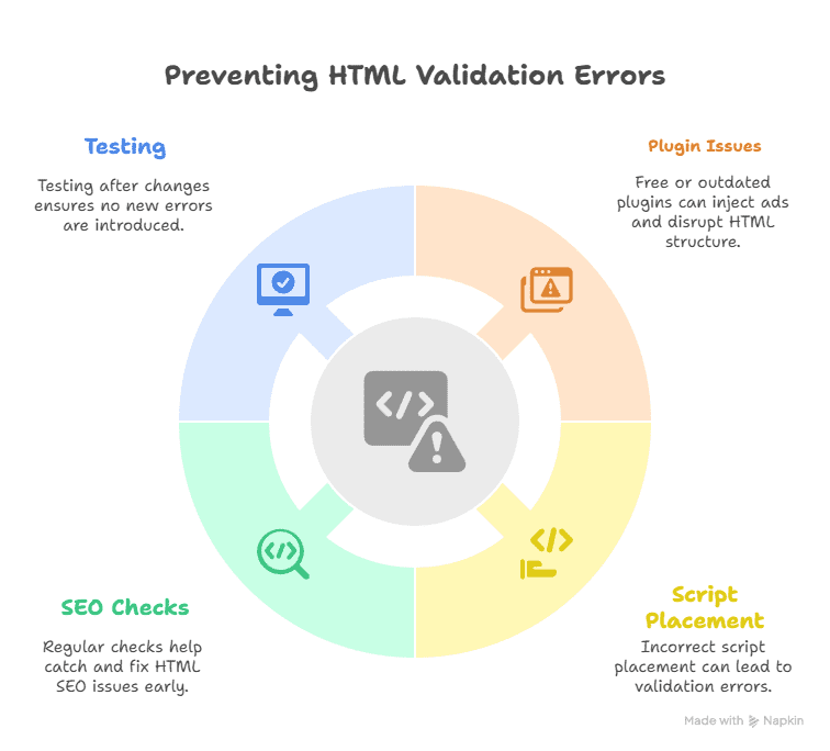 A circular infographic titled Preventing HTML Validation Errors with four sections: Testing, Plugin Issues, Ads Outside Body Tags, and SEO Checks—each with icons and brief explanations. The center displays a generic code icon.
