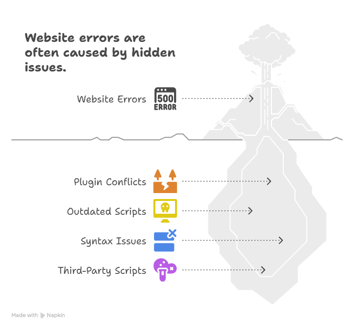 Diagram showing a volcano labeled Website Errors erupting above ground, with roots connected below to causes like Plugin Conflicts, Outdated Scripts, Syntax Issues, and Third-Party Scripts—each with a colored icon—to help Fix JavaScript Errors.