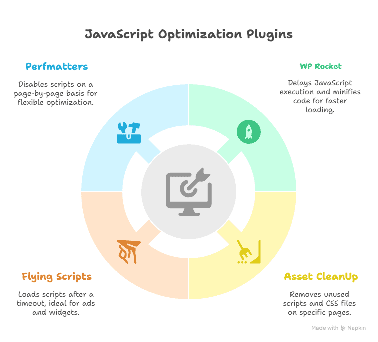Infographic showing four JavaScript optimization plugins—Perfmatters, WP Rocket, Flying Scripts, and Asset CleanUp—each with icons and brief explanations around a central computer graphic to help Fix JavaScript Errors more efficiently.