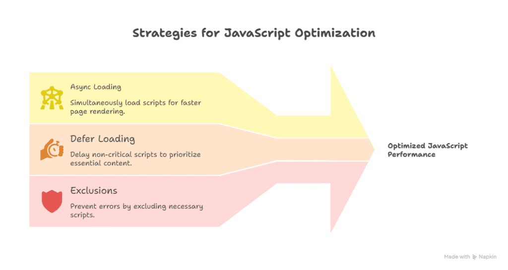A diagram titled Strategies for JavaScript Optimization shows three stacked sections—Async Loading, Defer Loading, and Fix JavaScript Errors—pointing right to Optimized JavaScript Performance. Each section describes its benefit.
