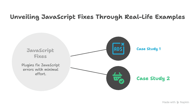 A diagram titled Unveiling JavaScript Fixes Through Real-Life Examples shows a circle labeled Fix JavaScript Errors, connected by lines to two case studies, each with an icon and label: Case Study 1 and Case Study 2.