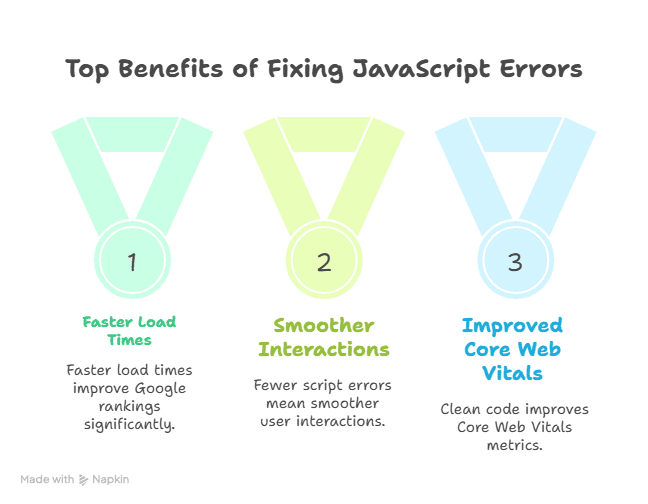 An infographic titled Top Benefits of Fixing JavaScript Errors shows three medals labeled 1: Faster Load Times, 2: Smoother Interactions, 3: Improved Core Web Vitals—highlighting why it’s crucial to fix JavaScript errors for optimal site performance.
