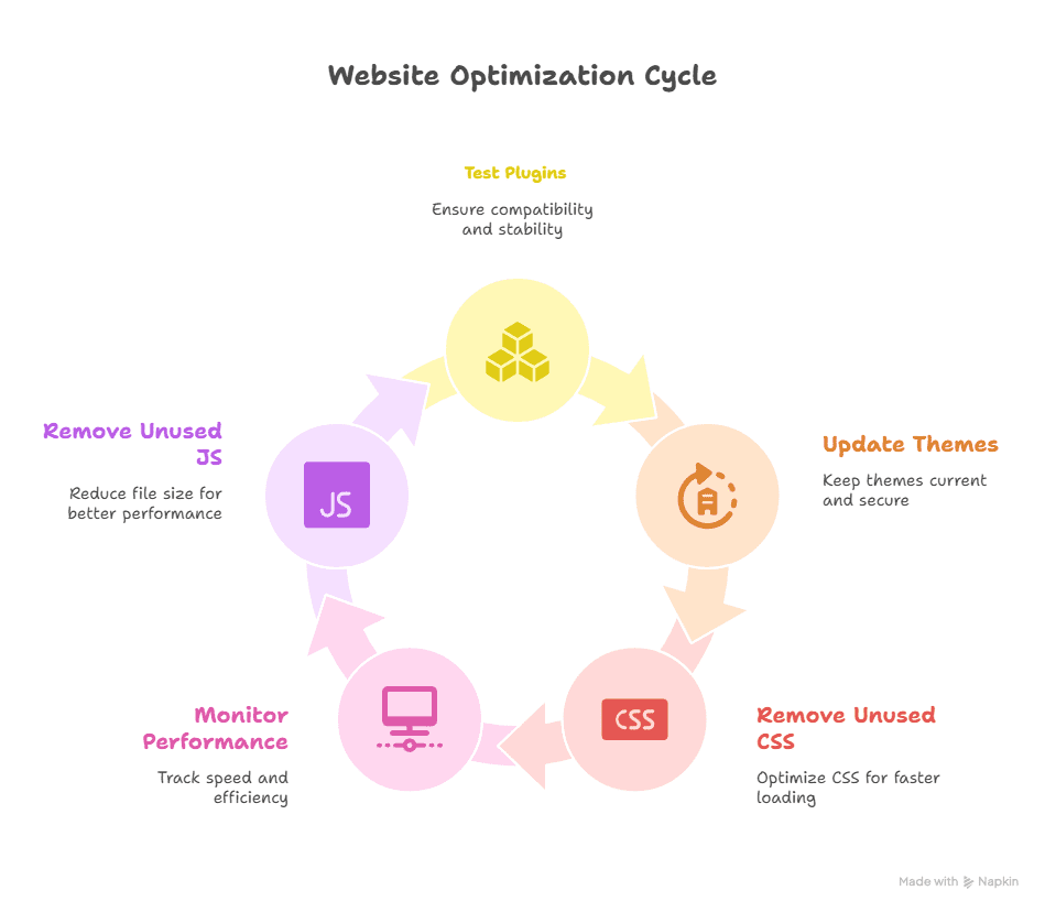A circular diagram titled Website Optimization Cycle shows five steps—Test Plugins, Update Themes, Remove Unused CSS, Monitor Performance, and Fix JavaScript Errors—each with an icon and short description. Arrows connect the steps in a loop.