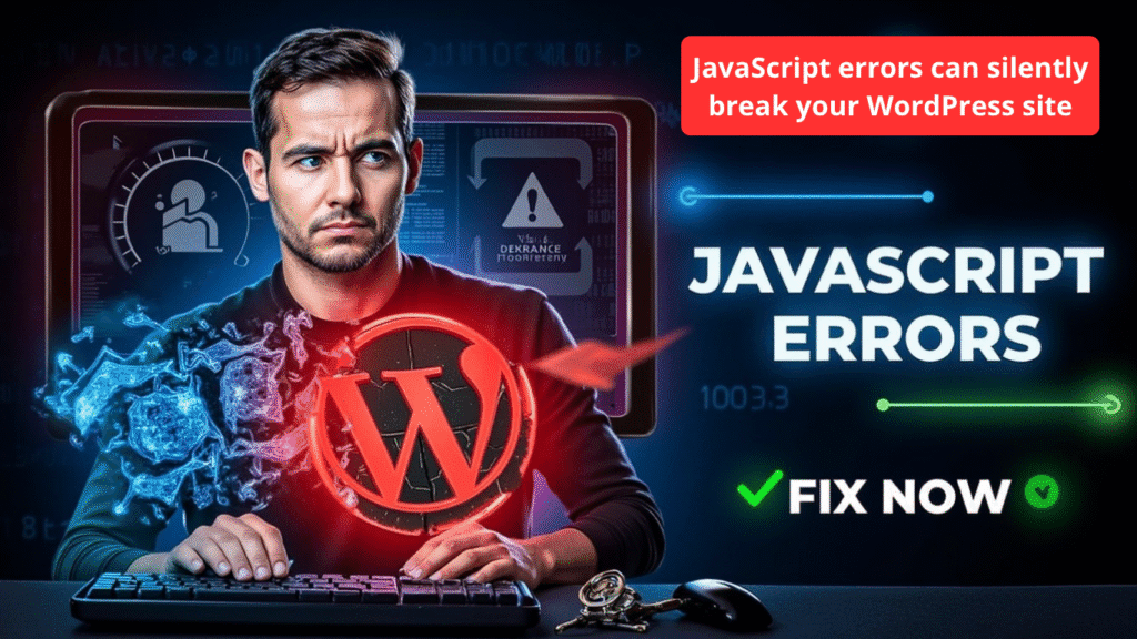 A concerned man sits at a computer with a large, broken WordPress logo and error symbols. Text reads Fix JavaScript Errors—Act Now and a red box warns, JavaScript errors can silently break your WordPress site.