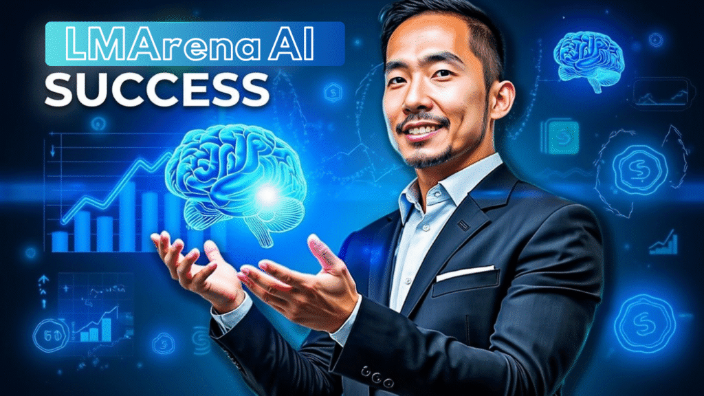 A man in a suit smiles and gestures with his hands in front of digital graphics showing brains, charts, and technology icons. The text reads: “LMArena AI SUCCESS.” The scene conveys innovation and the drive to grow your business with AI tools.