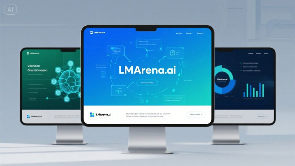 Three computer monitors display different screens of LM Arena.ai, an AI Tool for Business, featuring data visualizations, diagrams, and analytics dashboards on blue, green, and dark backgrounds in a modern, minimalist workspace.