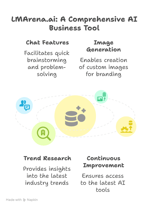 Infographic titled “LMArena.ai: A Comprehensive AI Business Tool,” showcasing features—Chat, Image Generation, Trend Research, and Continuous Improvement—to drive growth and innovation, with brief descriptions and related icons.