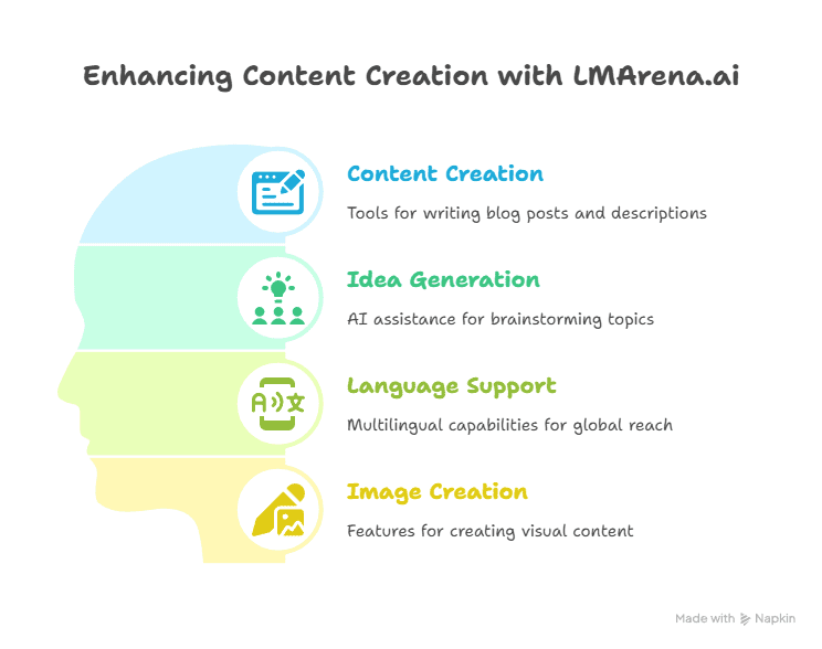 Infographic showing a head silhouette with four sections: Content Creation (tools for writing), Idea Generation (AI Tool for Business brainstorming), Language Support (multilingual tools), and Image Creation (visual content features) to drive growth.