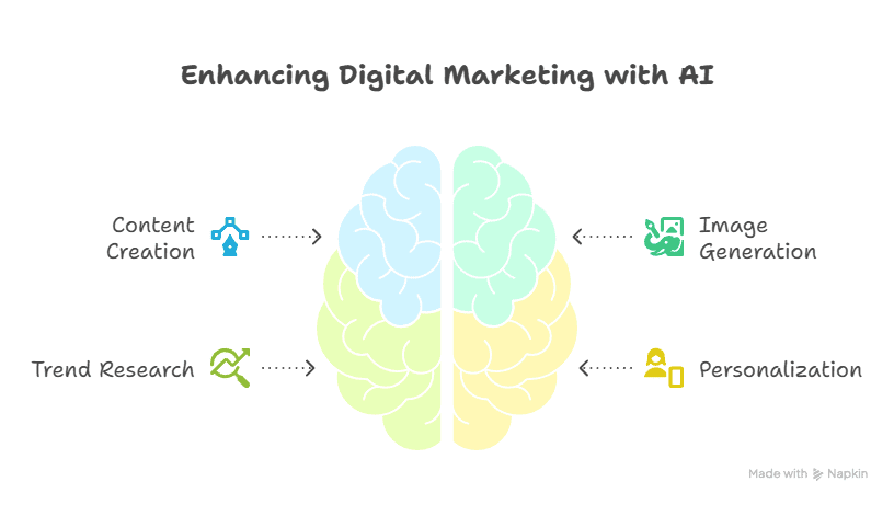 A colorful brain illustration showcases four AI-powered digital marketing tasks—Content Creation, Trend Research, Image Generation, and Personalization—each with icons. Title reads Enhancing Digital Marketing with best ai tool for business Innovation.