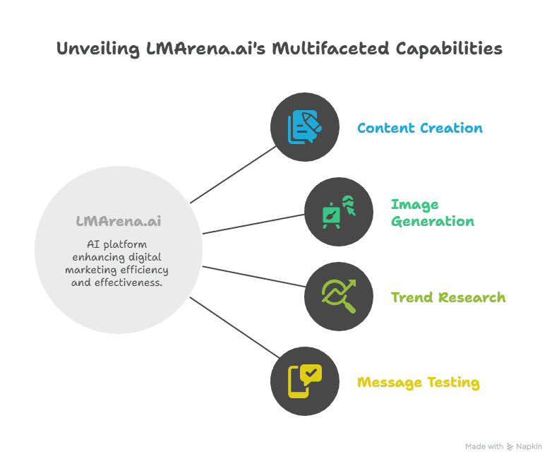 A diagram highlighting LMArena.ais innovation: Content Creation, Image Generation, Trend Research, and Message Testing—each icon links to the center, showcasing this digital marketing best ai tool for business to drive growth.