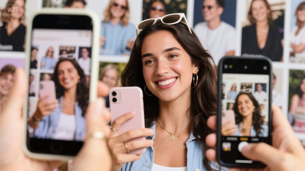 A smiling woman with dark hair holds a phone and poses for photos, while several people—likely micro influencers—capture her with their phones. Blurred portraits are displayed on the wall behind her.