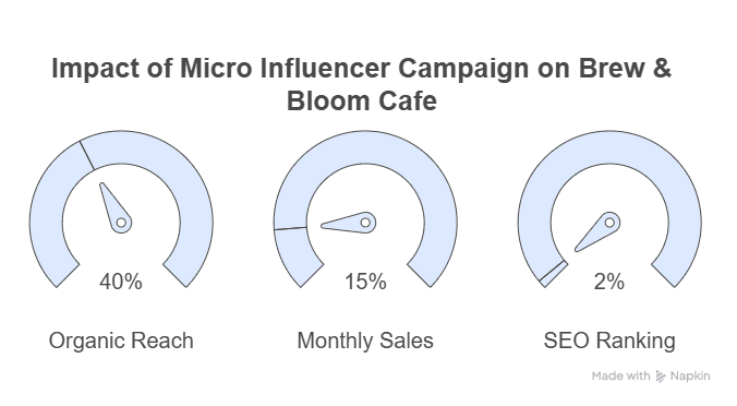 A dashboard displays three semi-circular gauges—Organic Reach at 40%, Monthly Sales at 15%, and SEO Ranking at 2%—highlighting the impact of Micro Influencers on Brew & Bloom Cafe’s campaign.
