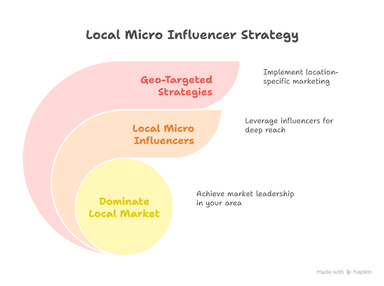 Infographic titled Local Micro Influencer Strategy with three nested sections: Geo-Targeted Strategies, Micro Influencers, and Dominate Local Market, each with related marketing goals listed to the right.