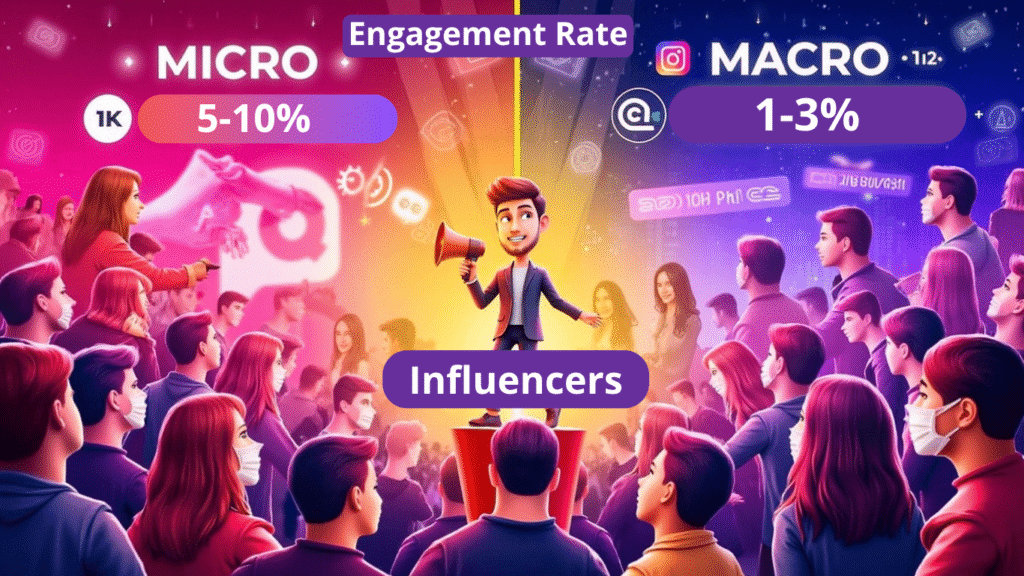 Colorful illustration shows a crowd facing a central influencer with a megaphone. Left side highlights Micro Influencers with 1K and 5-10% engagement; right side shows Macro with 1-3%. Influencers and Engagement Rate are emphasized.