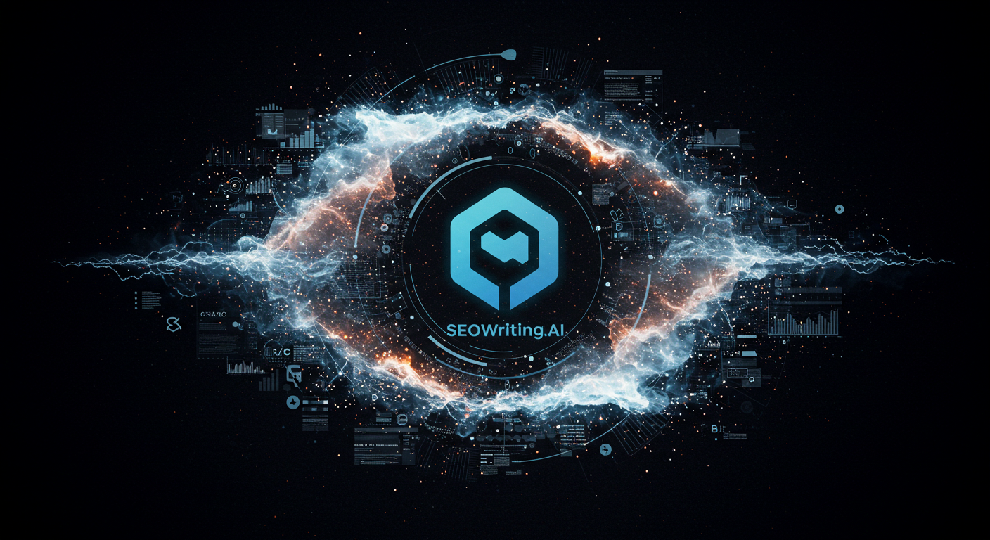 A digital eye made of swirling blue energy surrounds the SEOWriting.AI logo, with data charts and graphs in the background, highlighting this AI Writing Tool’s power in content creation and analytics.