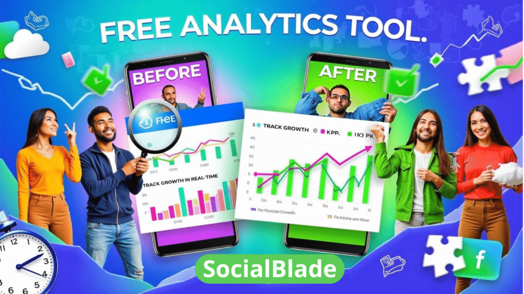 Colorful ad for SocialBlade’s free analytics tool, showing happy people and phone screens labeled “Before” and “After,” with growth charts—plus tips on How to Use Social Blade for social media success and measurable improvement.