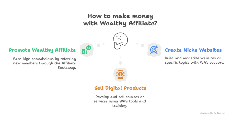 Infographic titled How to make money with the Wealthy Affiliate program? showing three options: promote WA for commissions, create niche websites, and sell digital products using WAs tools and training. Icons represent each method.