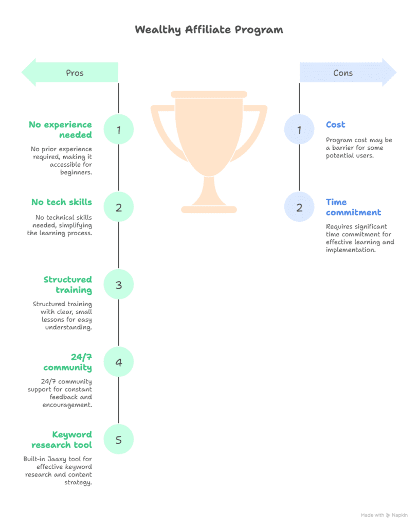 An infographic compares the pros and cons of the Wealthy Affiliate program, listing five pros like no experience needed and structured training, and two cons: cost and time commitment. A large trophy icon highlights the Wealthy Affiliate program at the center.
